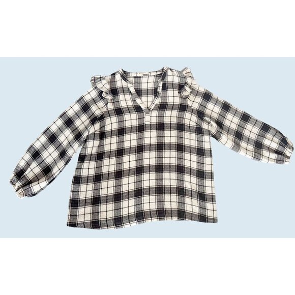 MARINE LAYER Jamie Ruffle Black and White Light Flannel Top Sz XL - Picture 2 of 8